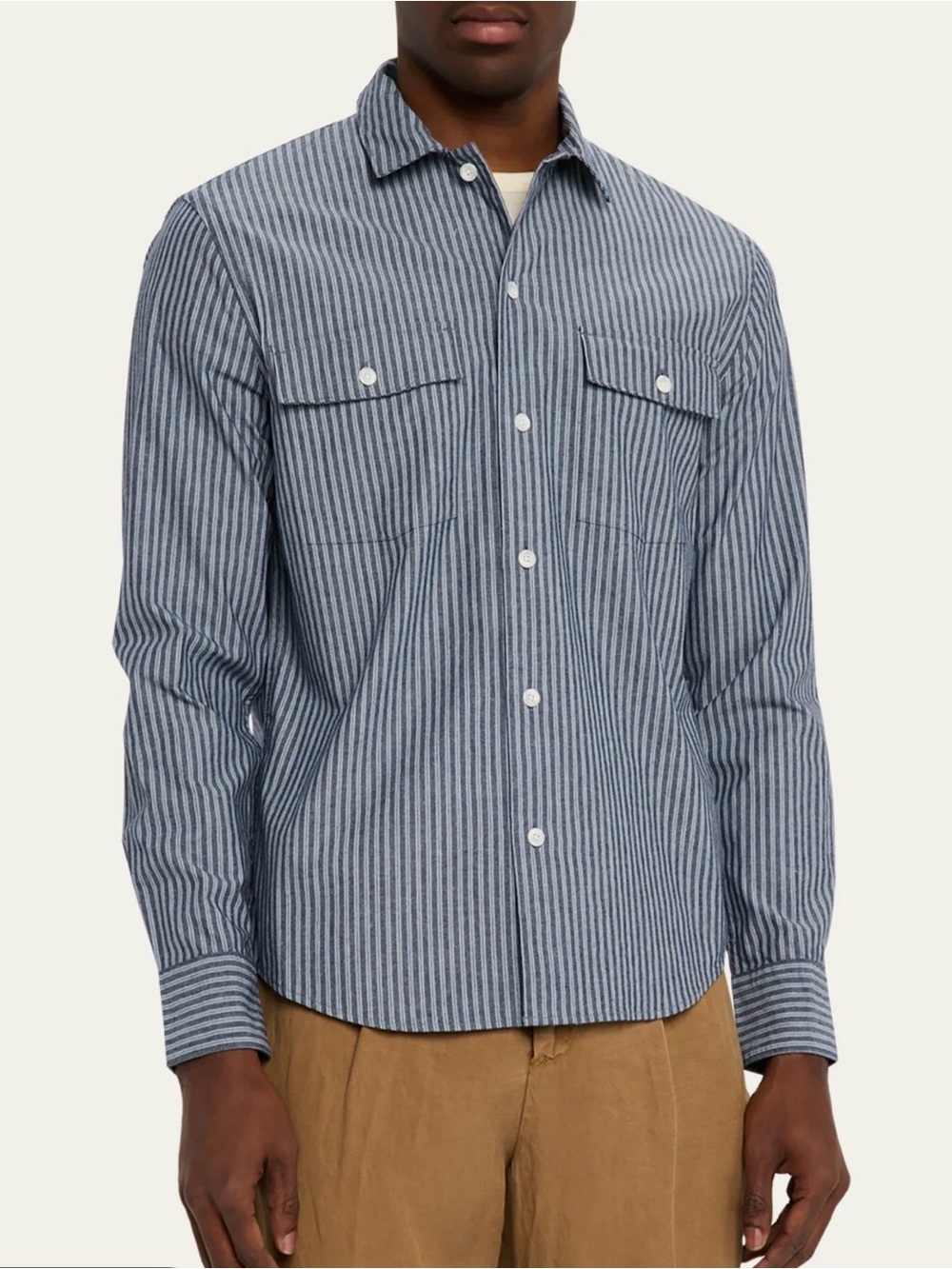 Vince 100% Cotton Railroad Stripe Button-Up Shirt